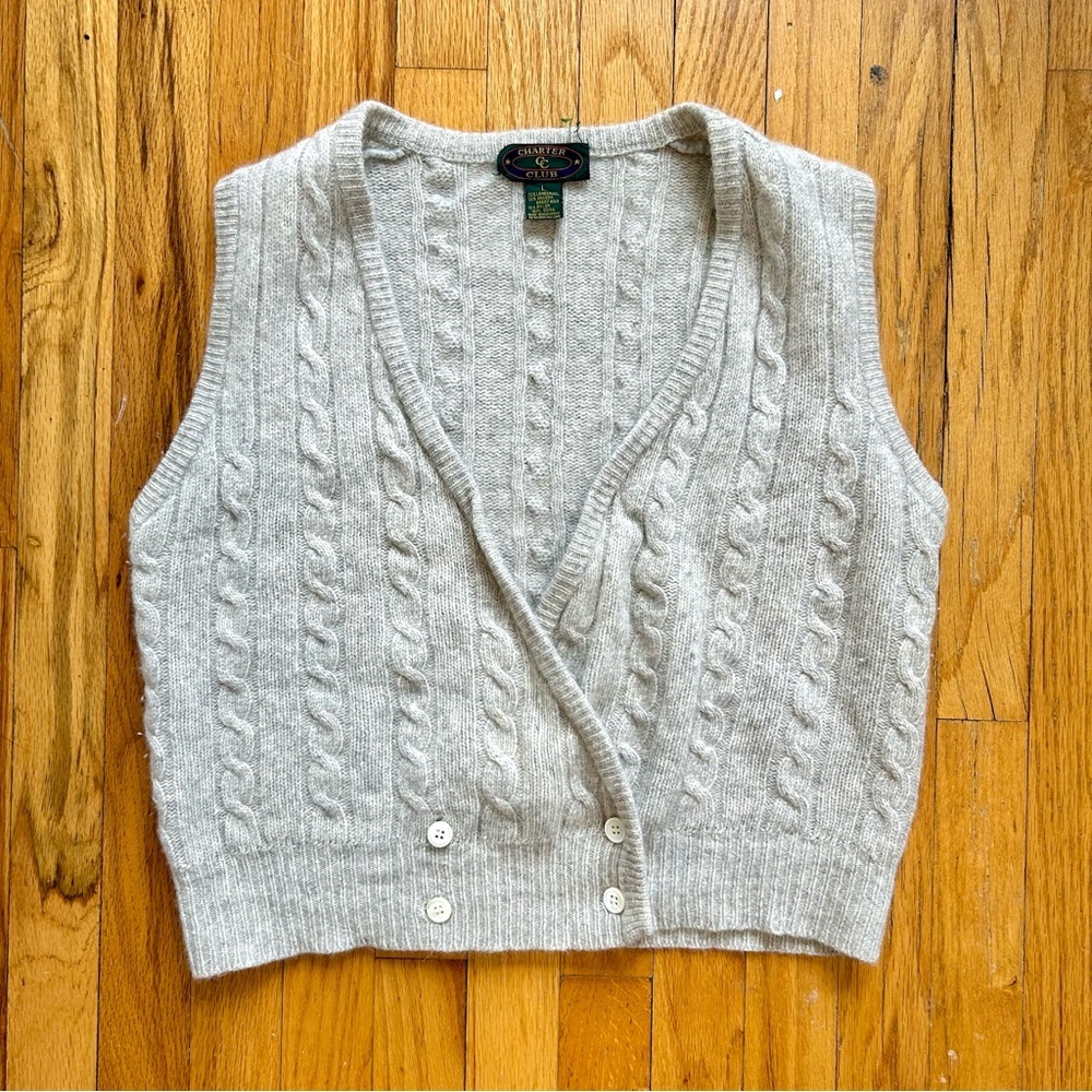 Charter Club Gray Vintage Cable Knit Cropped Wrap Vest Lambs Wool Angora Blend